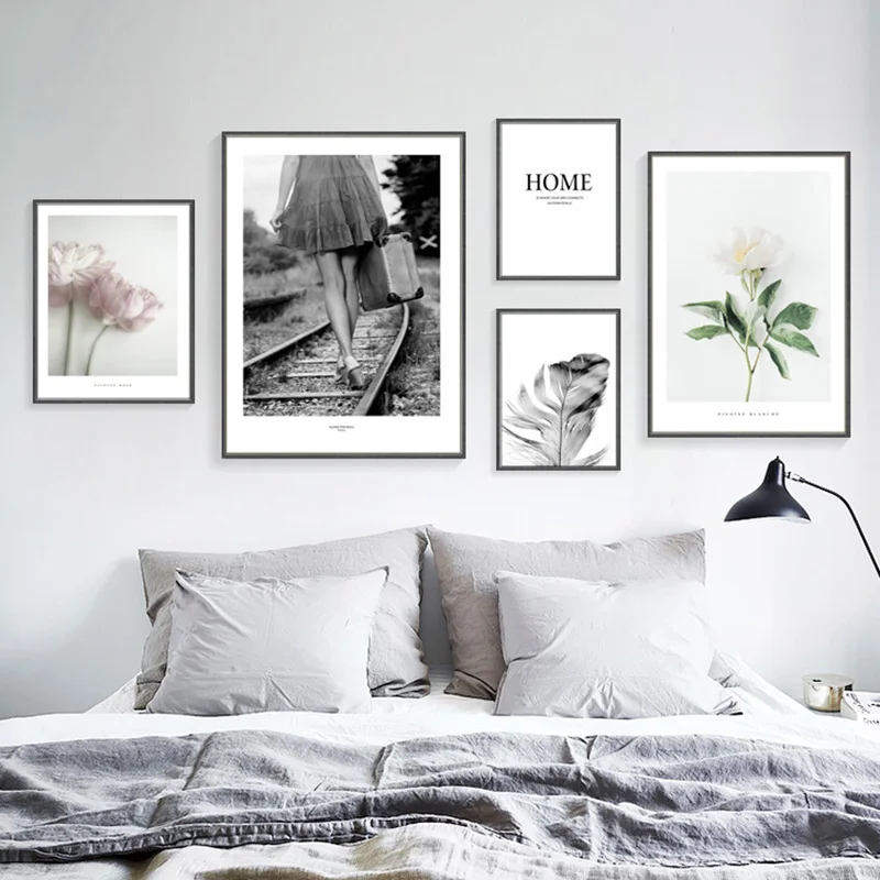 

Pink Flowers Romantic Rose Wall Art Canvas Painting Girl Travel Nordic Poster Feather Wall Pictures For Living Room Unframed