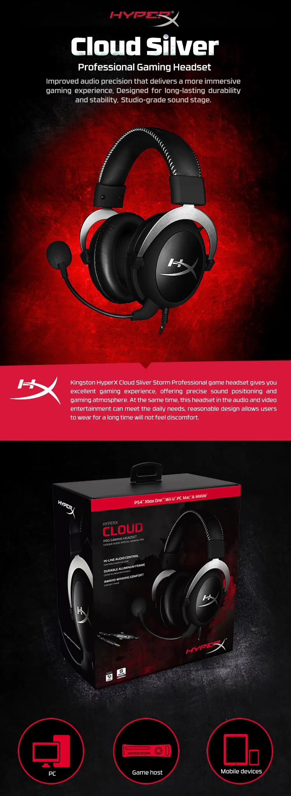 Kingston игровая гарнитура HyperX Cloud Серебристая игровая гарнитура наушники с микрофоном Новое поступление