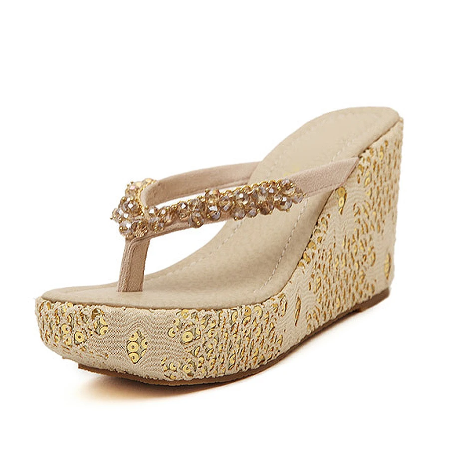 

Rhinestone Women sandals Fashion Bohemian Style High heel Sandals Woman Casual Spring Summer Platform Shoes Beach Flip Flop