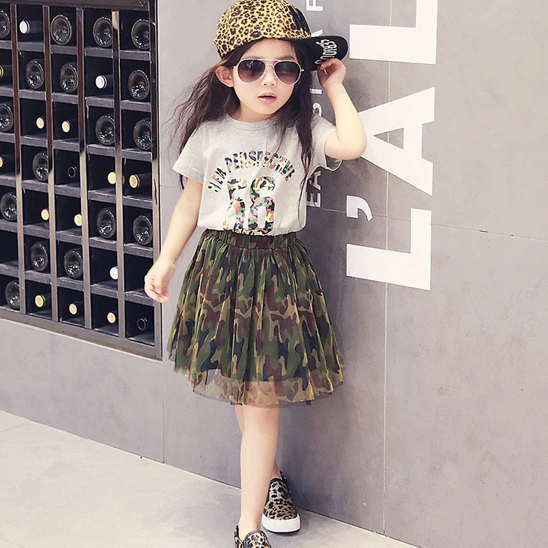 التمويه بارد الفتيات ملابس الصيف نمط جديد الاطفال الدعاوى للفتيات إلكتروني تي شيرت مطبوع توتو تنورة الأطفال الملابس مجموعة