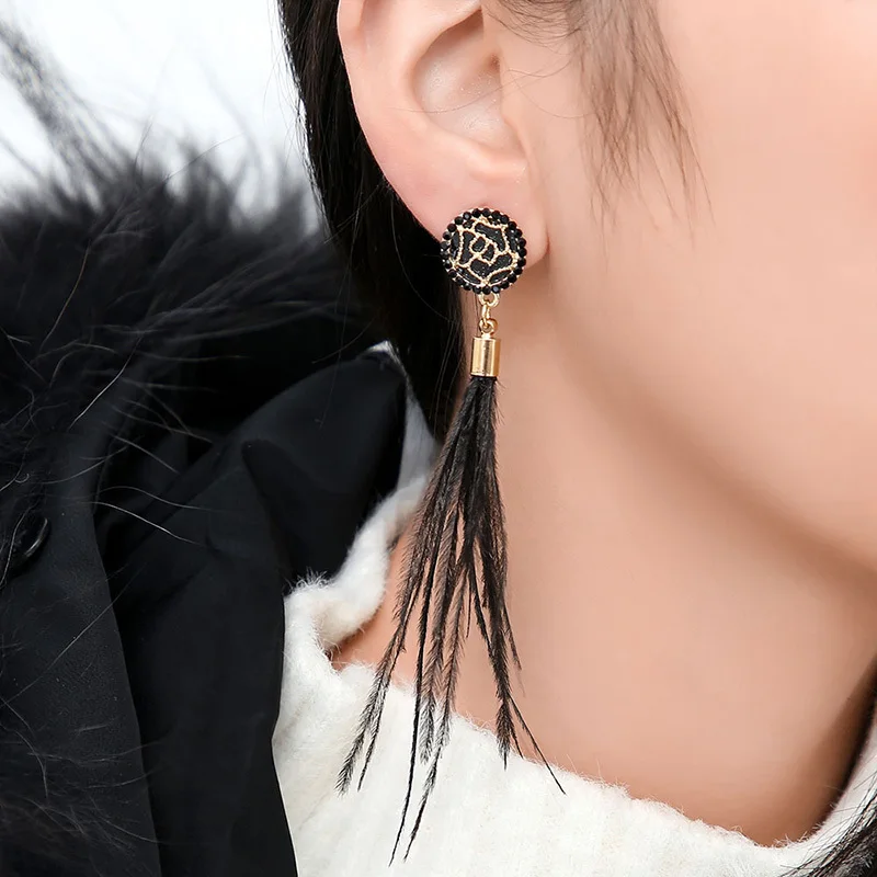 IMG_4458 Trendy Drop Earrings WomenLongBohemianBlueBalckBohoHandmadeTasselFeather Earrings 2018 Jewelry