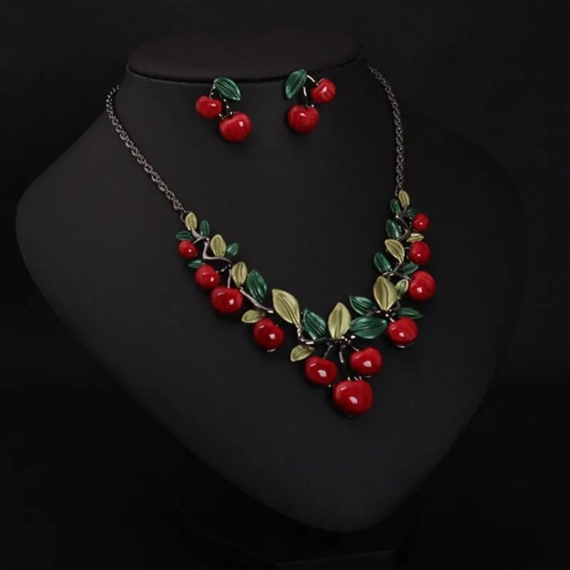 Oil Alloy Cherry Jewelry Sets For Woman Vintage Chain Necklace Pendant Earrings Statement Bridal Wedding Party Gifts Oil Alloy Cherry Jewelry Sets For Woman Vintage Chain Necklace Pendant Earrings Statement Bridal Wedding Party Gifts