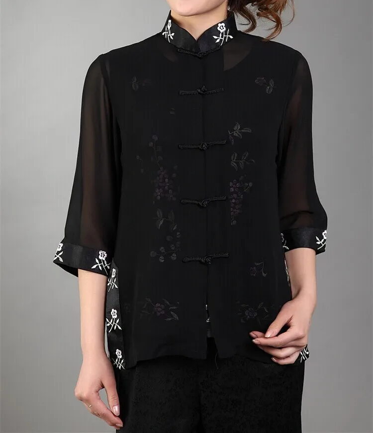 Черное традиционное китайское стиль Для женщин шелковый атлас вышивка рубашка Верхняя часть одежды Размеры S M L XL XXL XXXL Mny-011C