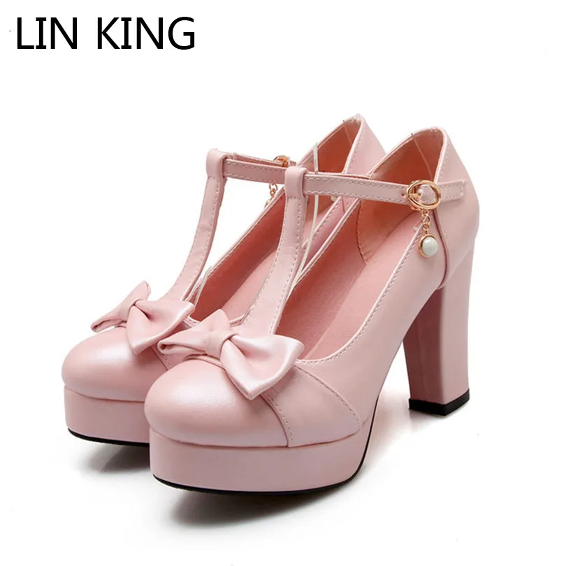 

LIN KING T-Strap Square Heel Women Leather Pumps Sexy Round Toe Lady Pumps Plus Size Slimming Bowtie High Heel Shoes For Girls