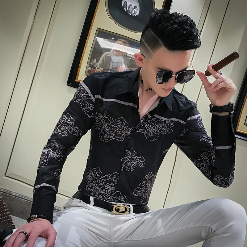 

Tuxedo Shirt Autumn New Long Sleeve Men Dress Shirts All Match Patchwork Color Streetwear Printing Black Shirt Mens Clothes 2019