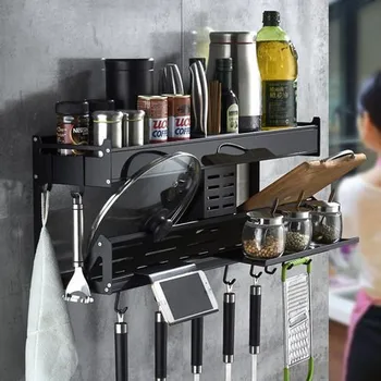 

Black space aluminium kitchen shelf wall hanging multi-functional storage shelf spice tank shelf knife holder