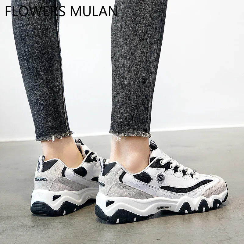 

Mixed Color Black White Patchwork Suede Leather Casual Shoes Woman Round Toe Lace Up Zapatos De Mujer Rubber Heel Sneakers Girl