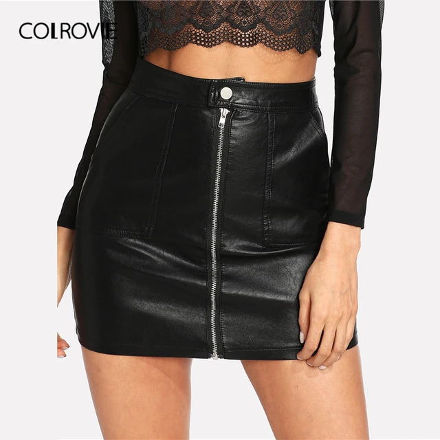 US $14.99 COLROVIE Spring Plain Faux Leather Skirt Black Mid Waist Zip Front Sexy PU Skirt Women Elegant Shea