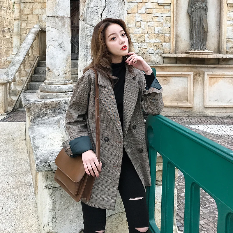 

Vintage Double Breasted Office Ladies Plaid Blazer Long Sleeve Loose Retro Suits Coat Jacket Women blazers Female 2019