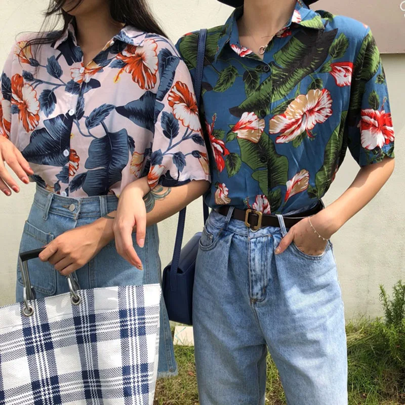 

Harajuku Women Blouse and Tops Printed Vintage Korean Short Sleeve Casual blusas Hawaiian Beach female lady shirts