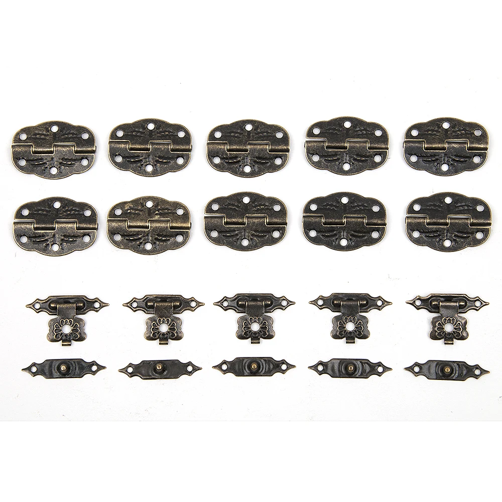 15pcs/set Antique Drawer Wood Box Cabinet Door Hasp Lock Hook Latch Butterfly Hinges For Jewellery Fittings Furniture Decorative