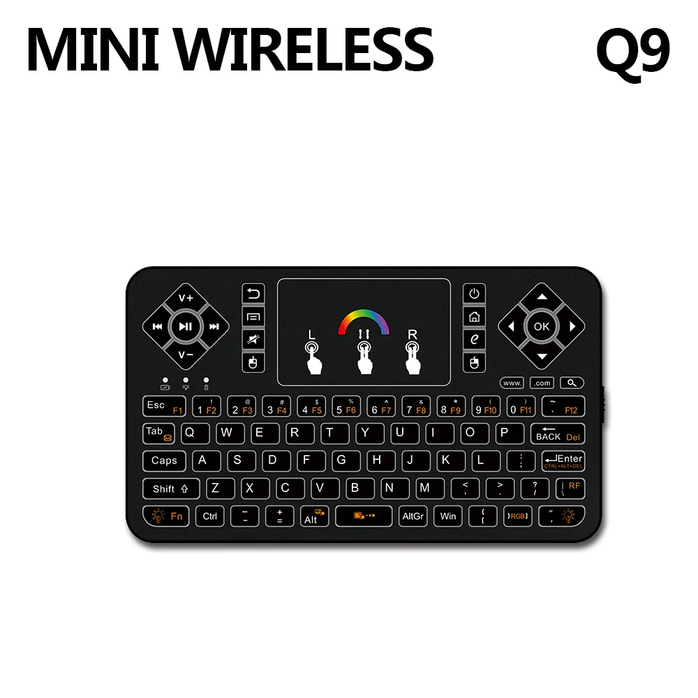 

New 2.4G Mini Multi-function Wireless Keypad Mouse Q9 Colorful Version Multi-touch colorful backlight Keyboard