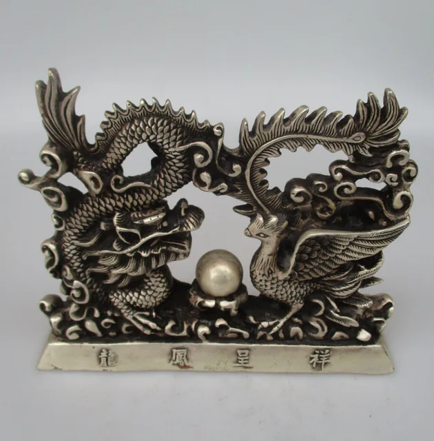 

Antique antiques Collectible Decorated Old Handwork Tibet Silver Carved Dragon and Phoenix Statue/ Animals Sculpture Christmas