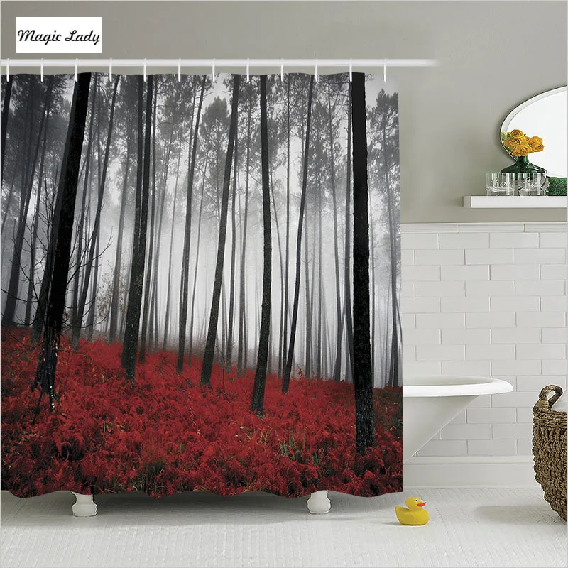 Rouge Gris Mystique Forêt Rideau De Douche Ensemble Noir