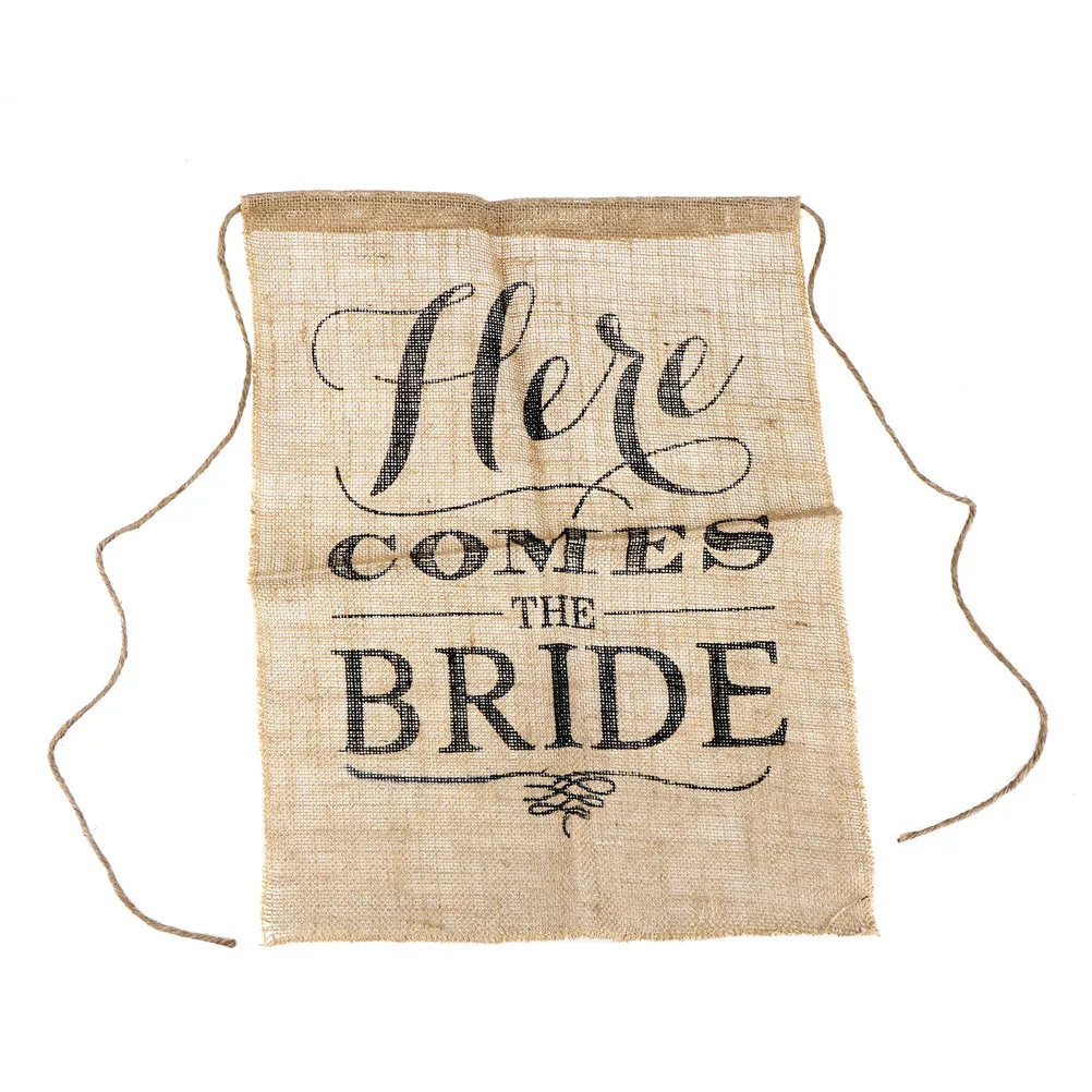 Rustic Burlap HERE COMES THE BRIDE Chic Wedding Hessian Sign Wedding Flower Girl Sign Bride Shower Bunting Banner Flags 1pcs