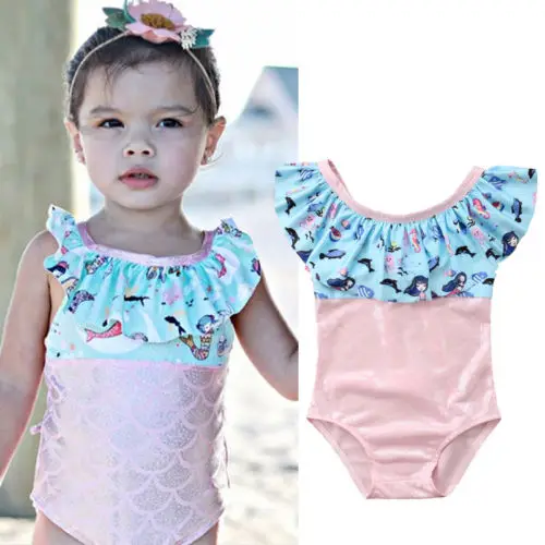 Kids Baby Girls Mermaid Ruffle Strap One-piece Swimsuit  Babies summer Swimming Costume Swimwear Beach  Clothing Set Bow