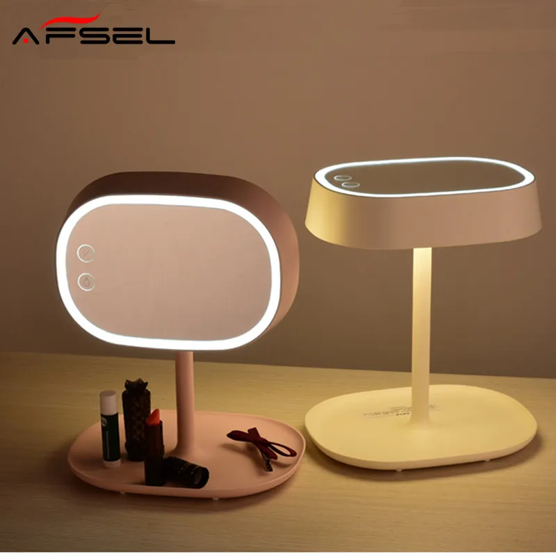 

AFSEL New Pattern Cosmetic Makeup Stand Mirror Rechargable LED Light Table Bed Lamp Gift One Side 1X Normal mirror Two-in-one