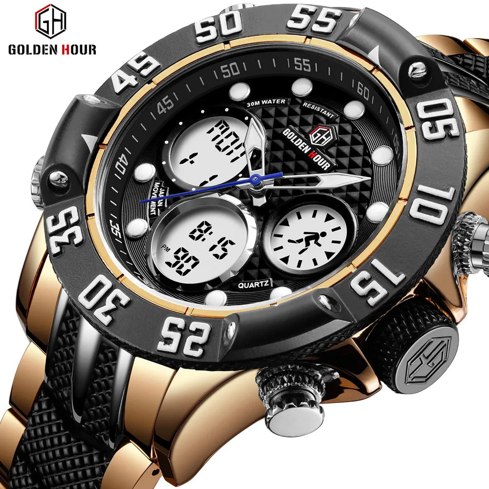 GOLDENHOUR Männer Militär Sport Uhr Männer LED Analog Digital Uhr Armee Edelstahl Quarz geschenk_voghion.com