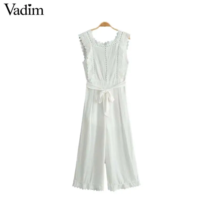 

Vadim women solid lace patchwork backless jumpsuits sleeveless sashes side zipper fly design female stylish jumpsuits KA841