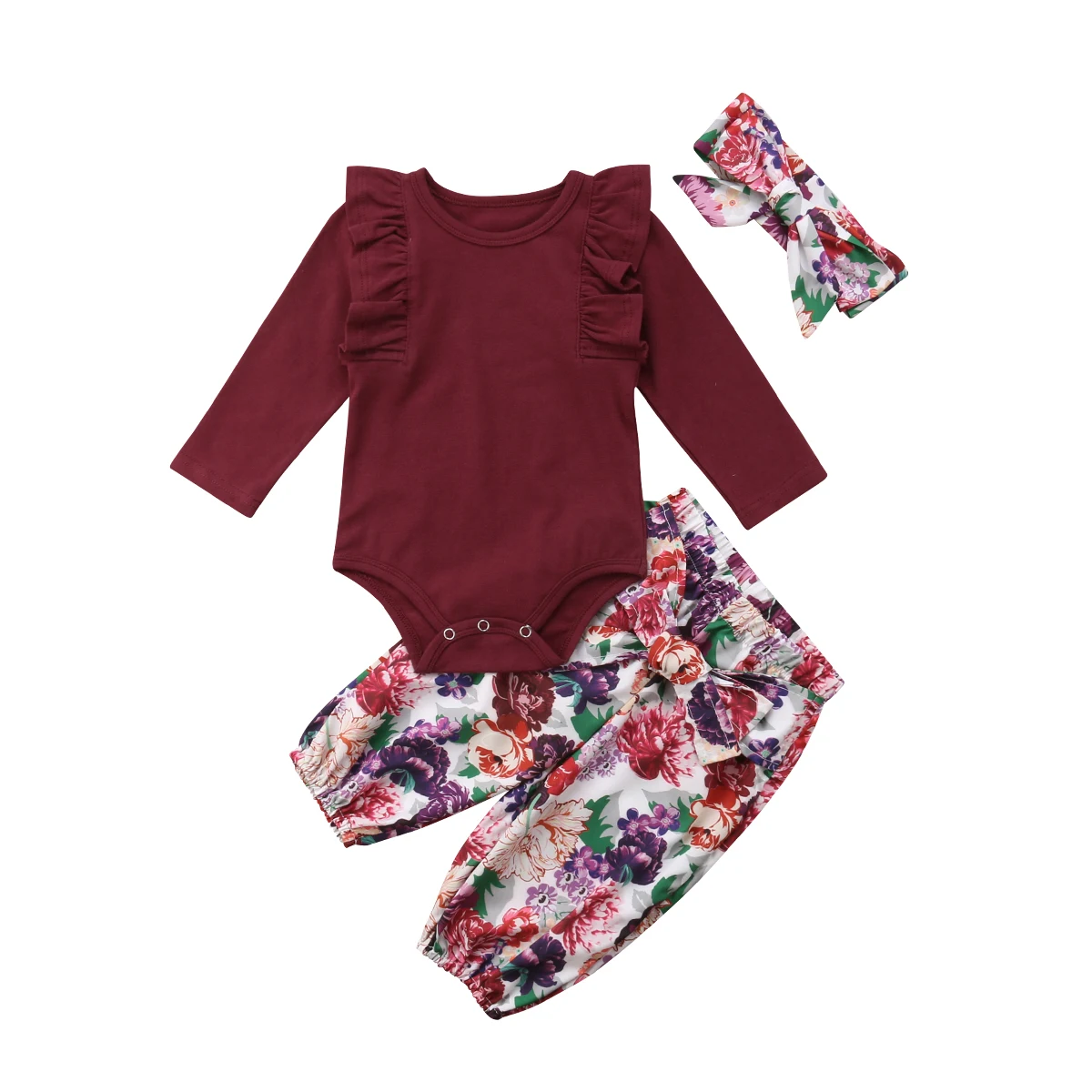 

3 pieces Solid Ruffled Long sleeve Bodysuit,Floral Pant with Headband Set For Baby Girl Clothes