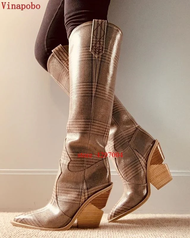 Г., черные модные высокие сапоги из змеиной кожи женские ковбойские сапоги до колена на не сужающемся книзу массивном каблуке Женские ботинки в ковбойском стиле - Цвет: as the picture