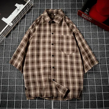 

Summer New Plaid Shirt Men's Fashion Retro Casual Shirt Man Streetwear Trend Wild Hip Hop Loose Seven-point Sleeve Shirt M-5XL