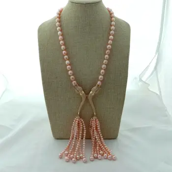 

23'' Pink Pearl Accessory Tassel Necklace Jewelry CZ Pendant