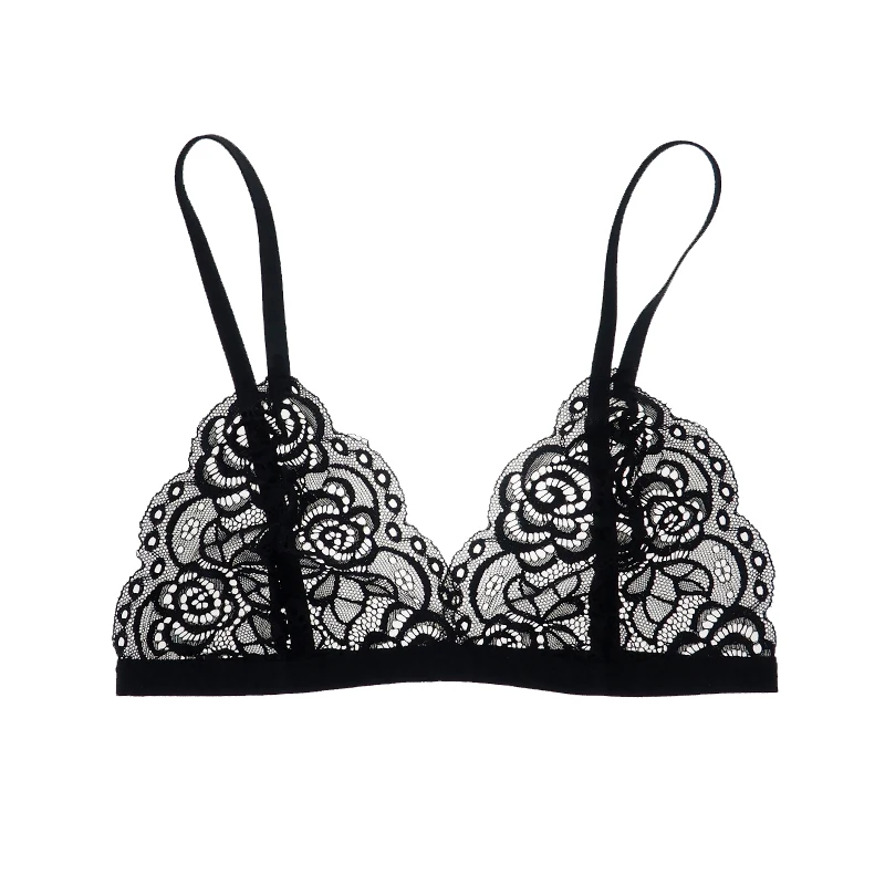 

Women Bra Flower Gauze Lace Embroidery Ultra-Thin Transparent Sexy Bra White Black
