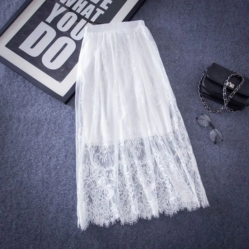 Весенняя юбка-пачка, белые кружевные юбки с высокой талией, Женская длинная юбка, эластичная резинка на талии, летняя юбка-пачка, Jupe Longue Femme QH0073 - Цвет: Белый