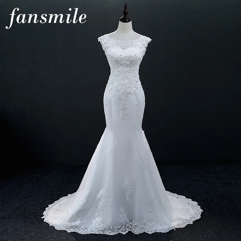 Fansmile белое платье без рукавов Vestidos de Noivas кружевное свадебное платье русалки подгонянного размера плюс свадебные платья свадебные FSM-650M