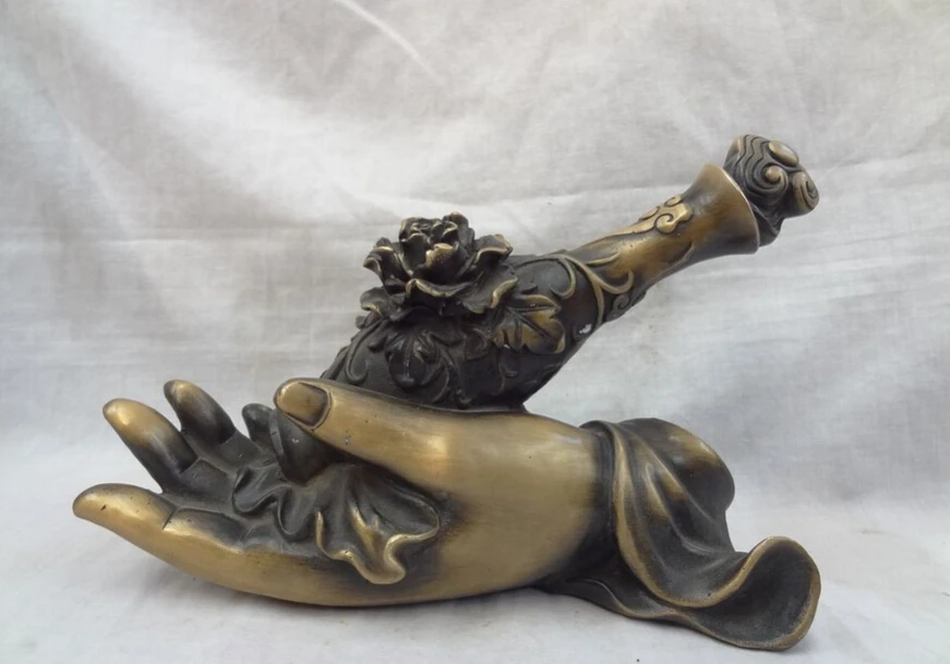 

song voge gem S5085 10" Tibet Bronze Buddhist Bless Lotus Pot In Fo Kwan-Yin Buddha Hand Statue
