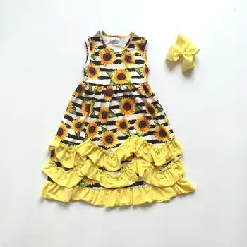 

baby girls clothes summer girls ruffle dress sunflower dress children yellow floral dress girls boutique dress with bow