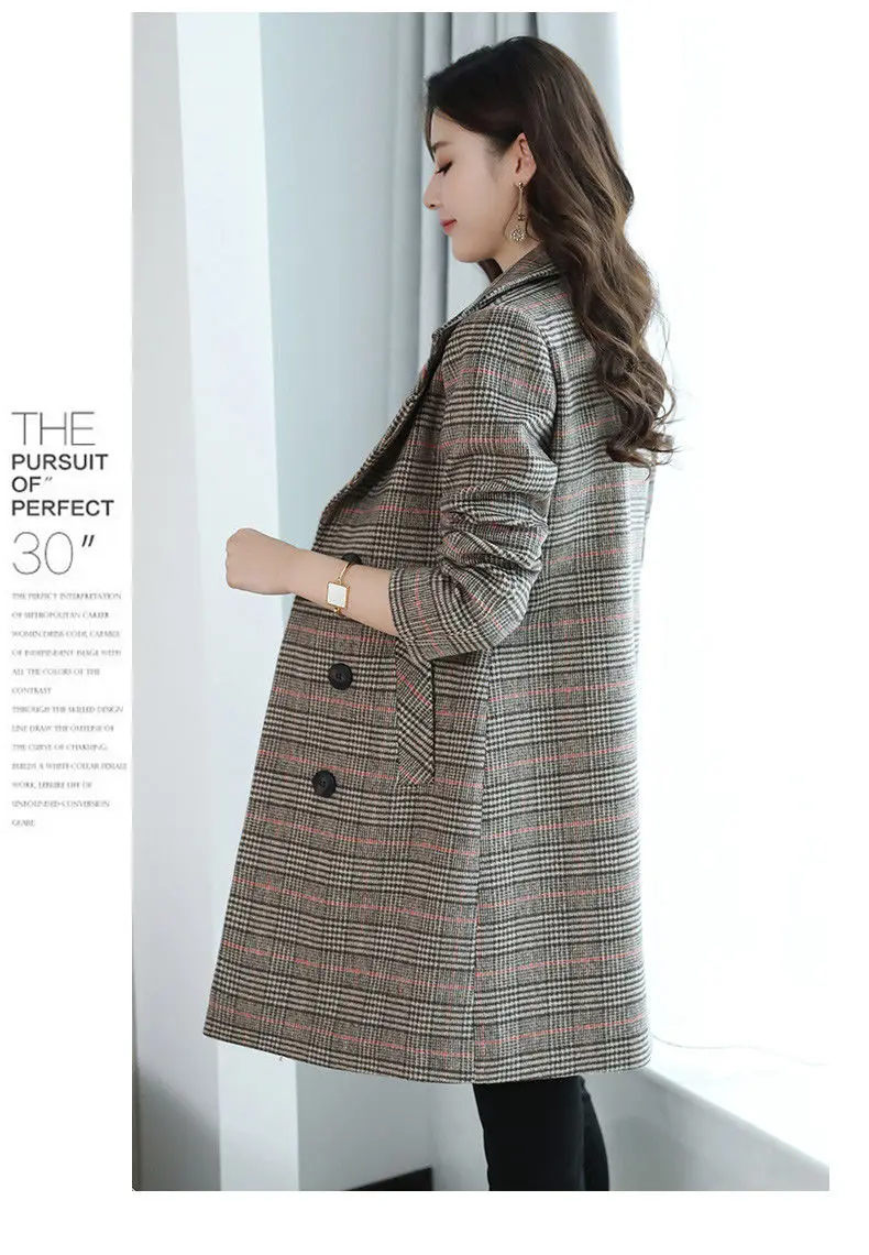 Vangull размера плюс 5XL осенне-зимнее шерстяное пальто женское клетчатое смесовое офисное женское двубортное длинное пальто повседневная приталенная куртка