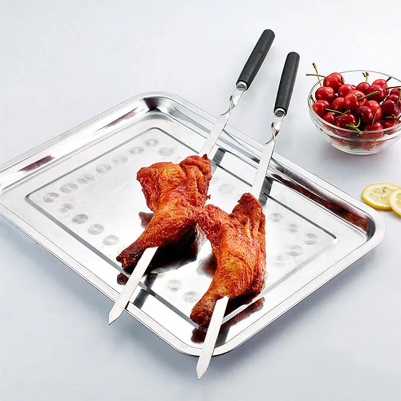 

21.5"55cm BBQ Skewer Stainless Steel Shish Kebab Skewers Flat Wood Handle Barbecue Needle Forks Stick Meat Fish Grill Panic Tool