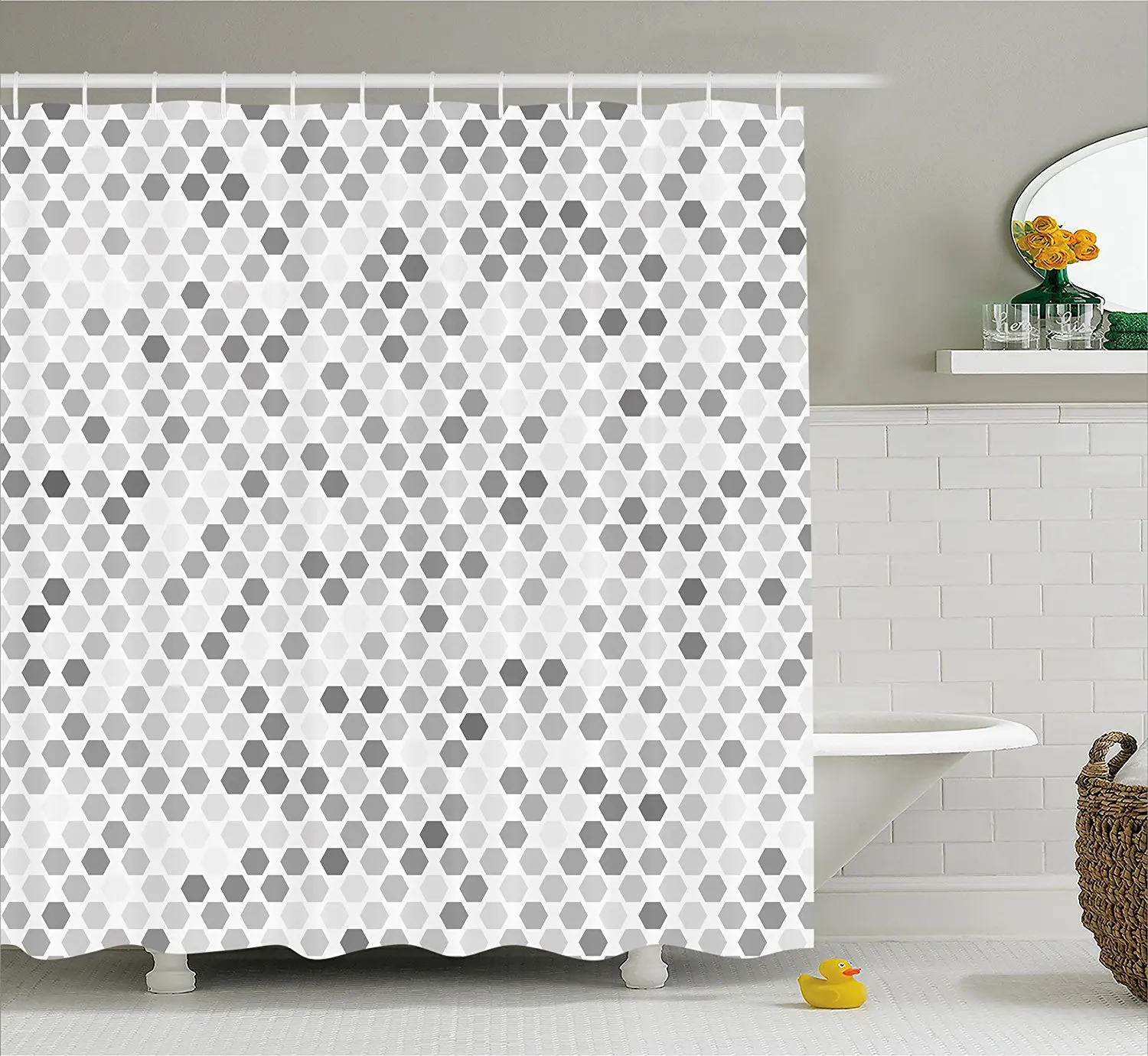 Grey Shower Curtain Abstract Zig Zag Hexagon Figures Vivid and Dark Color Hue Tone Intensity