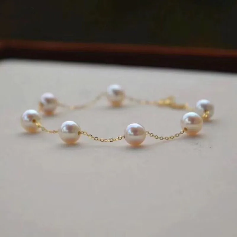 Sinya Au750 18K Gold chain Bracelet Anklet with 7pcs natural pearls for women girls Mom length 16-20cm optional