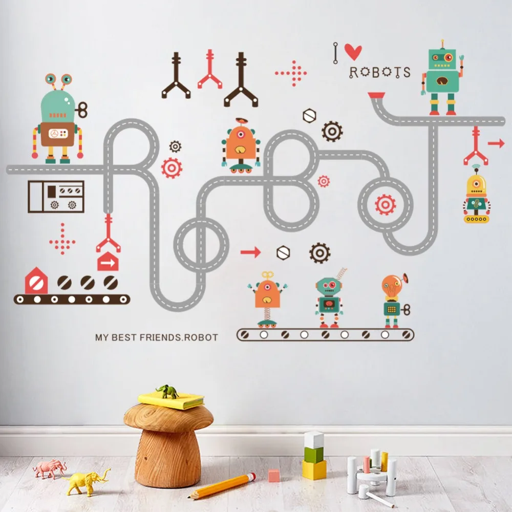 

Cartoon Robots Track Wall Stickers Kids Room Decor Removable 3D DIY Home Decal Decor Self Adhesive Wallpaper Waterproof Mural