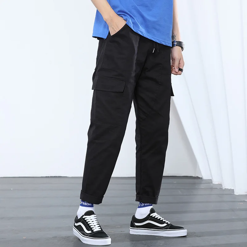 Men's casual multi-pocket overalls spring and autumn thin men's pants elastic waist pants loose straight casual pants men