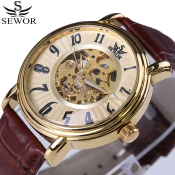 

2017 SEWOR Hollow Engraving Skeleton Casual Designer Black Golden Case Gear Bezel Watches Men Luxury Brand Automatic Watches