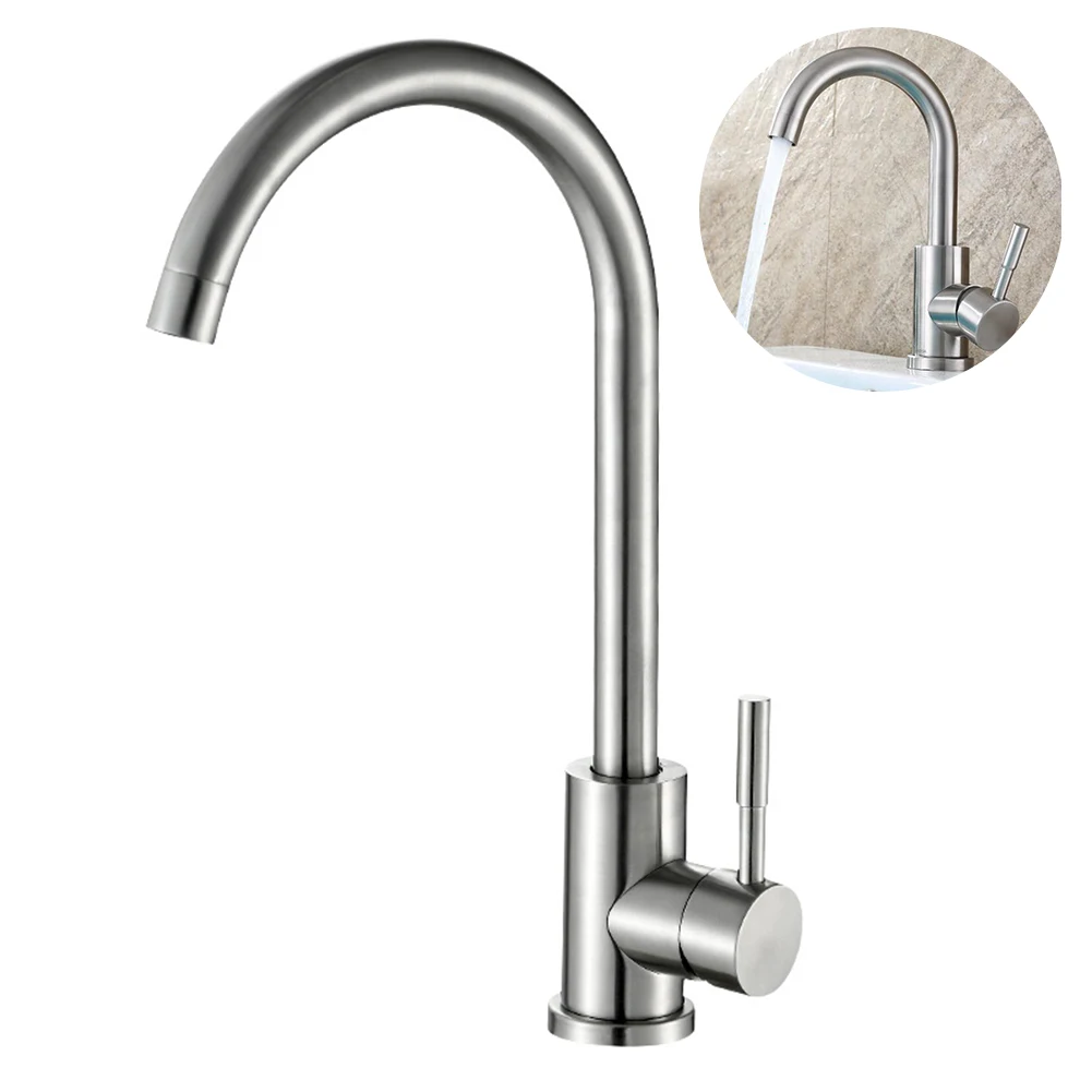 

Stainless Steel Sink Faucet Deck Mount Durable Practical Silver Kitchen Tap Water Spout Swivel Design Bathroom Flexible Home