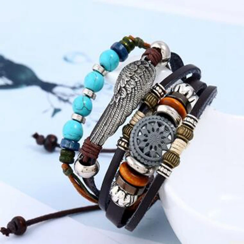 Mutiple Layers Beaded Feather Leather Bracelet Mens Bracelets For Women