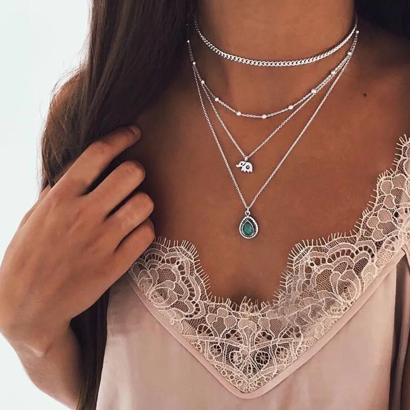 

European and American popular zircon with drill drops Elephant Beads multi-layer necklace long necklace pearl necklace