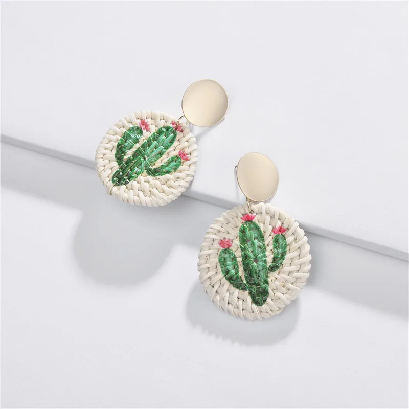Fashion Jewelry Of Cactus Pineapple Printed Braided Rattan Drop Earrings for Women