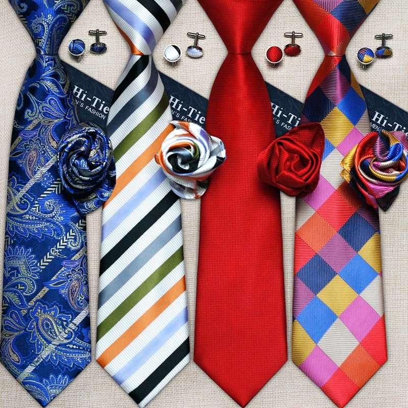 Hi-Tie Fashion 40 Styles Gravata Tie Hanky Cufflink Sets 100% Silk Neckties Ties for Mens Business Wedding Party Free Shipping
