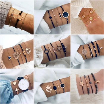 

32 Style Boho Bangle Retro Map Heart Shell Star Lotus Bow Map Crystal Beaded Bracelet Women Charm Party Wedding Jewelry Gifts