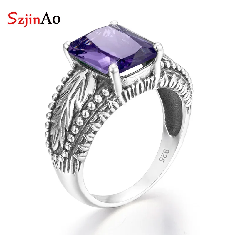 SzjinAo Wholesale Handmade Solid 925 Sterling Silver Finger Rings For Women Vintaga Square Amethyst Ring February Birthstone