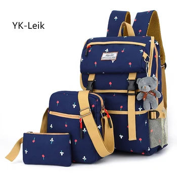 

YK-Leik Large - capacity canvas schoolbag for middle school girls Fashion print high quality student backpack 3 pieces/set bags