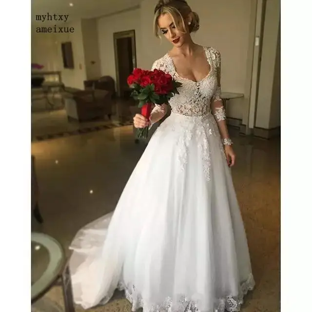 

Hot Sales Elegant A-line Lace Beaded Cheap Wedding Dress Long Sleeve Scoop Backless 2019 Bridal Dress Vestido De Noivas Sexy