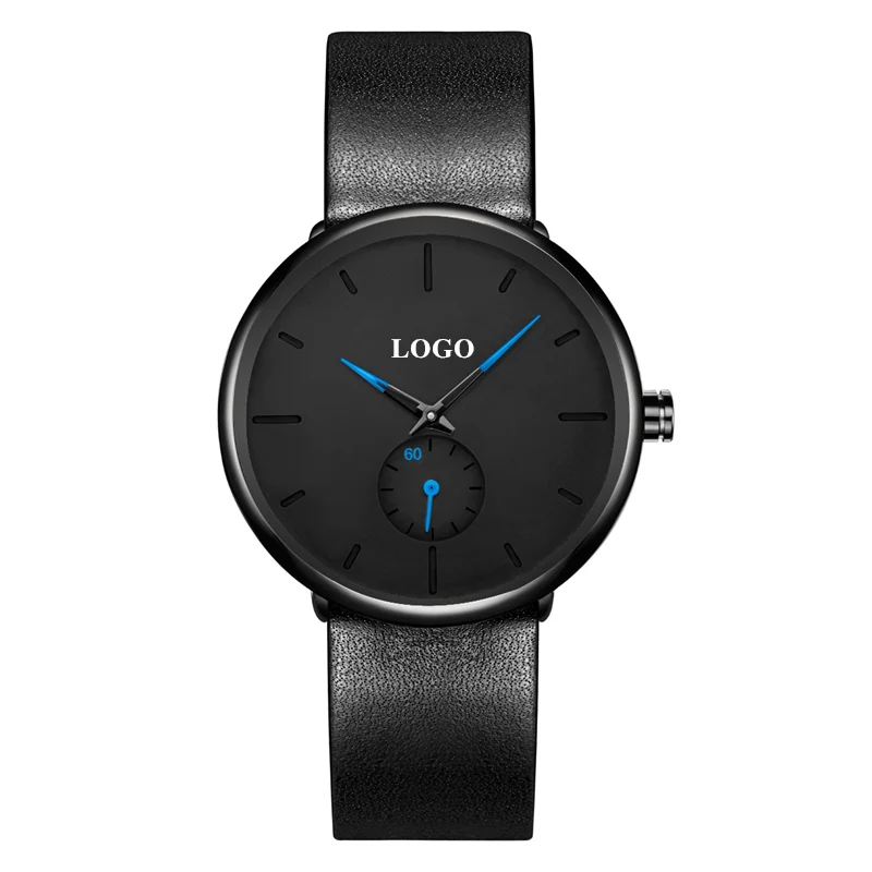 CL028 черный чехол, большой циферблат, мужские часы с голубым логотипом, мужские деловые часы из натуральной кожи, OEM брендинг, персонализированные часы - Цвет: Custom Watch Face
