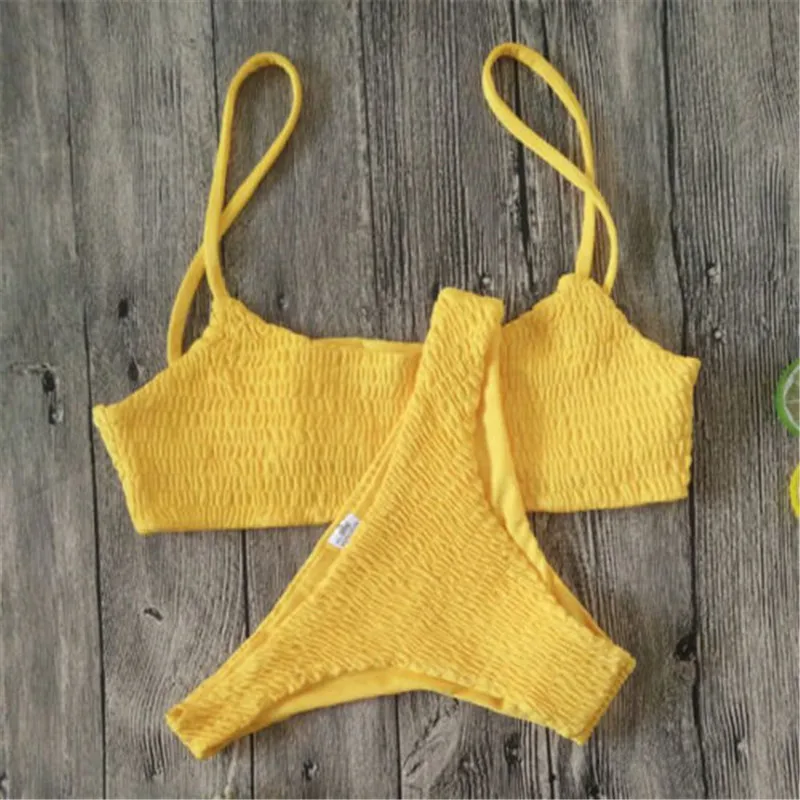 Сексуальный женский бандажный комплект бикини, новейший Летний плиссированный купальник, пляжная одежда, бюстгальтер на шнуровке, треугольный низ, сексуальный купальник - Цвет: Цвет: желтый